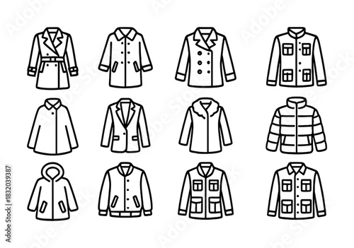 Vector Outline illustrations of diverse jacket and coat styles in black and white
