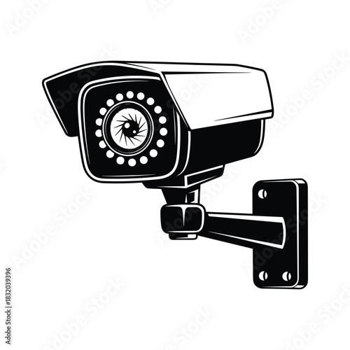 Black and white security camera with detailed lens and mounting bracket surveillance camera