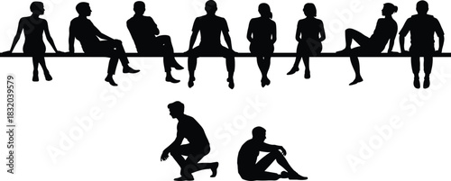 Silhouette group sitting, beam and ground pose, relaxed posture, mixed ages, vector people, casual concept, stock image