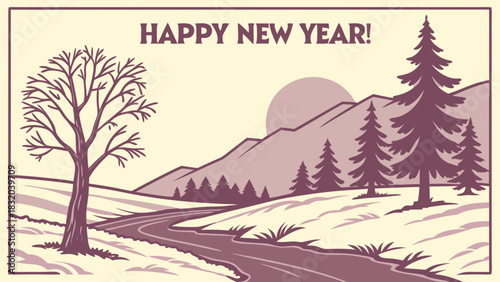 Happy new year winter landscape with bare tree mountains and pine trees in a retro color scheme