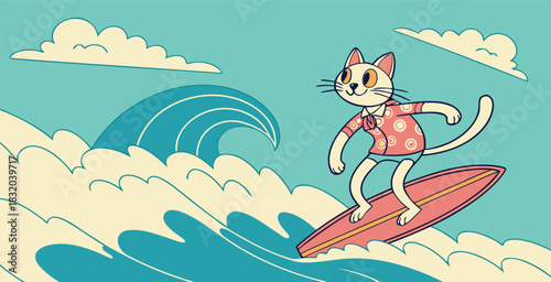 Cartoon kid riding on surfboard sea wave, child surfing water sport teenager surfboard in ocean summer beach holiday vacation swim activity, classy vector illustration original artwork