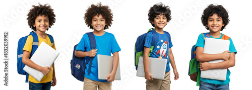 Diverse of Indian young boys wearing backpack isolated on white or transparent background