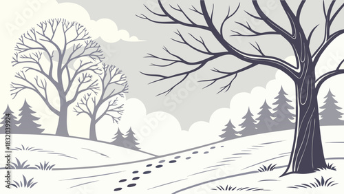 Winter landscape scene with bare trees footprints in snow and evergreen trees on a cloudy day scene