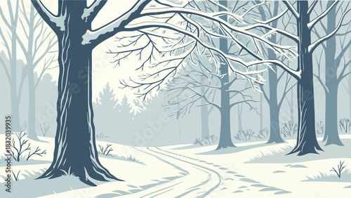 A snowy forest scene with a path winding through the trees covered in snow on a winter day landscape