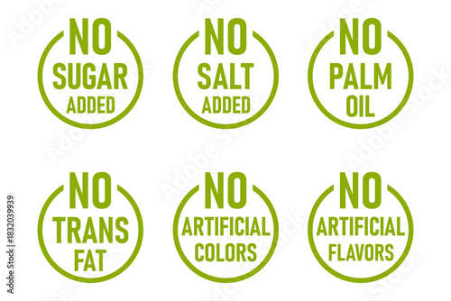 No Sugar Added Sugar-Free No Salt Added No Palm Oil No Trans Fat No Artificial Colors No Artificial Flavors Green Round Package Info Label Badge Stamp Sign Symbol Icon Set. Vector Image.