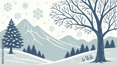 Winter landscape with snow covered mountains trees and snowflakes falling in a serene scene outdoors