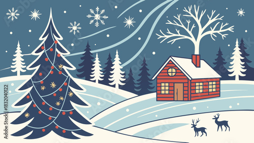 Winter landscape with christmas tree, cabin, deer, and snowflakes creating a festive holiday scene