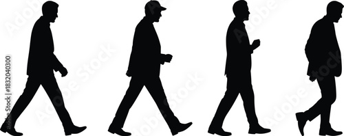 Walking person silhouette set, human motion graphic, black vector, gait sequence, casual stride icon, posture variation, animation design