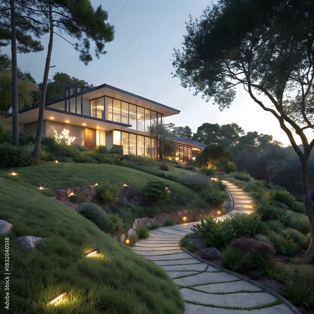 Fototapeta premium Garden view with trees and a house in a sunny park