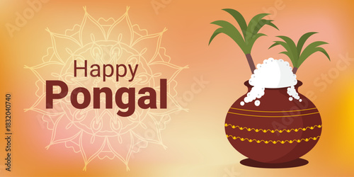 Pongal banner. Poster with rice pot and sugarcane. Vector.