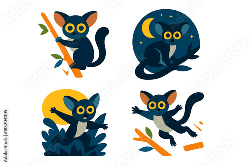 Cute lemur illustrations showing playful actions in a nighttime setting with stars and a moon