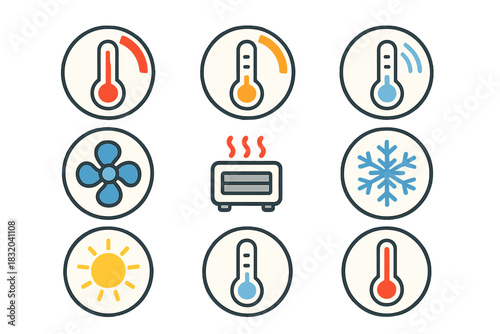 Infographic showing symbols of temperature control devices, weather conditions, and heating elements for home environments