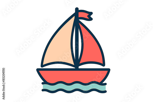 Sailboat with colorful sails gliding on calm waters on a sunny day near a tranquil shoreline
