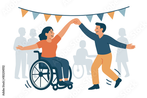 Couple dancing joyfully during a lively celebration with colorful decorations and smiling guests in the background