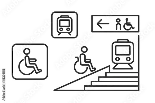 Signs for accessibility in public transportation areas with ramps and designated spaces for wheelchairs