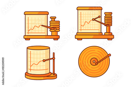 Various representations of data analysis tools with graphs showcased in vibrant orange colors