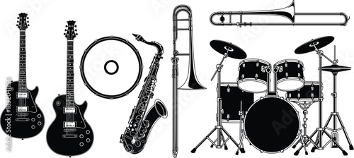 Black silhouette musical instruments including electric guitars saxophone drum set and trombone
