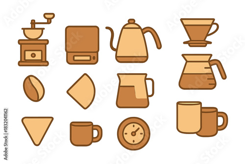 Coffee brewing tools and accessories displayed in a simple, organized layout for coffee enthusiasts and baristas