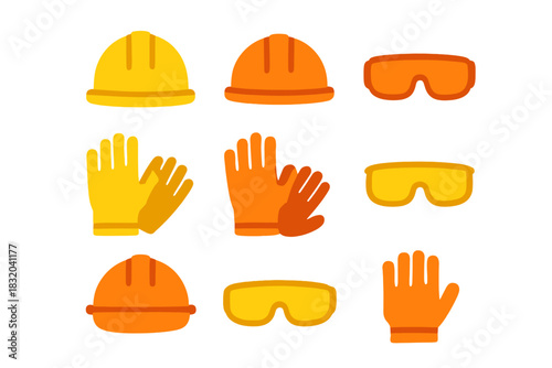 Safety gear collection including hard hats, gloves, and safety glasses for construction or industrial use indoors or outdoors