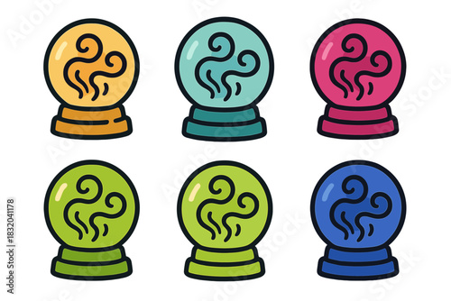 Colorful crystal balls with swirling designs in various shades placed in an artistic layout