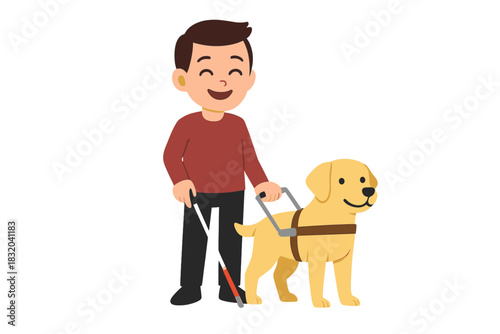 Young boy happily walks with a guide dog using a mobility cane on a sunny day in a park setting