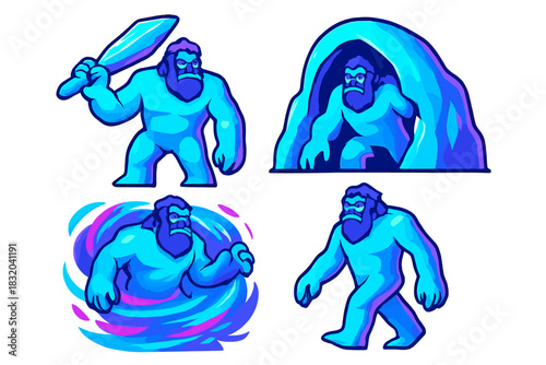 Blue yeti character design showing various poses and a cave setting with a magical aura during twilight
