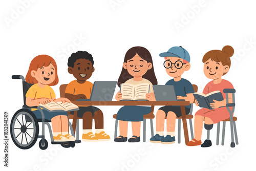 Children engage in reading and learning together during a study session in a bright classroom setting