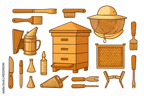 Essential tools for beekeeping and honey production displayed on a white background for easy identification