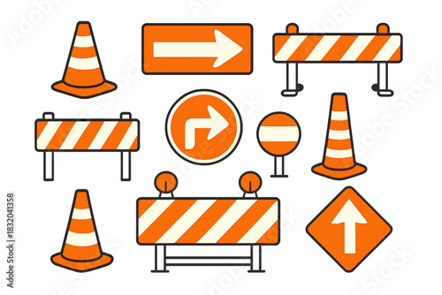 Traffic control signs and cones in various shapes and sizes for road work and navigation guidance