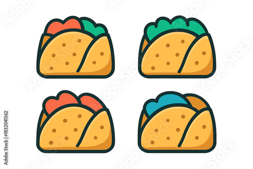 Colorful taco illustrations featuring various fresh fillings in a fun and playful design style
