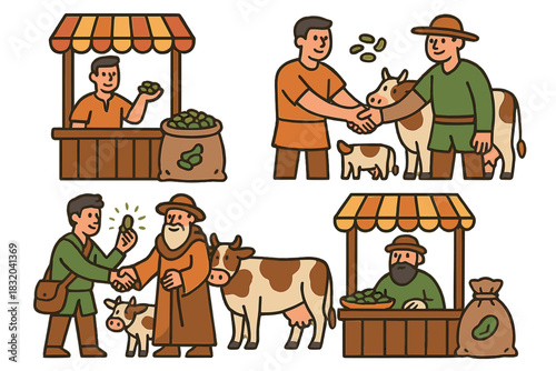 Scenes of a lively rural market where farmers trade crops and livestock in a sunny countryside setting