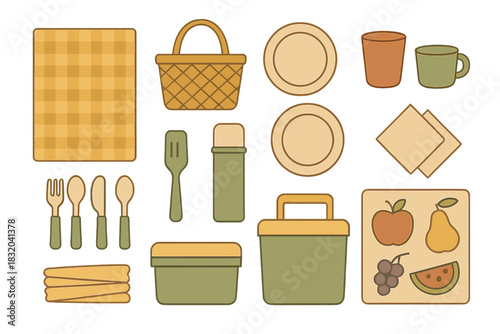 Colorful picnic setup with dishes, utensils, and food items on a checkered blanket for an outdoor gathering