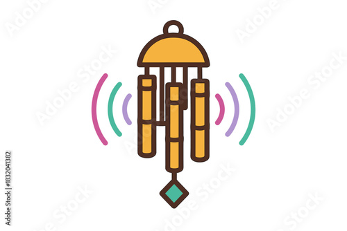 Wind chimes create soothing melodies in a serene garden during a sunny afternoon