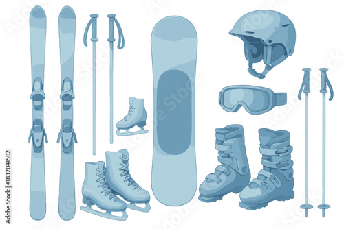 Skiing and snowboarding gear arranged on a white background during winter sports season