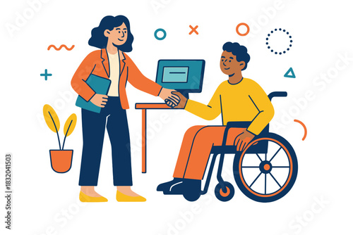 Woman and man in wheelchair shake hands in office setting during a professional meeting
