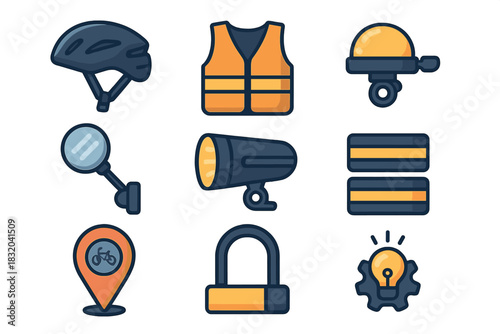 Bicycle safety essentials featuring helmet, reflective vest, bell, and lock for riders at a public location