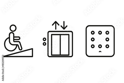 Symbols representing accessibility features including a ramp, elevator, and a tactile wayfinding sign