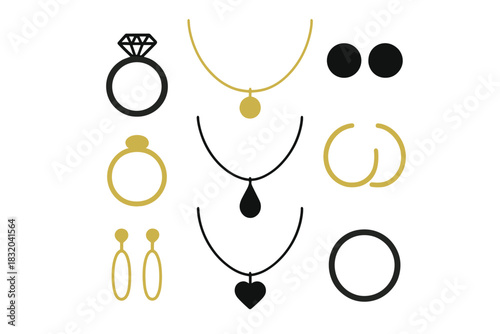 Various styles of jewelry featuring rings, necklaces, and earrings displayed on a white background