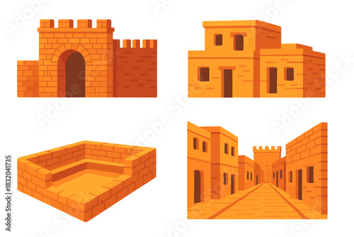 Impressive ancient castle and building designs in warm orange tones showing historical architecture elements