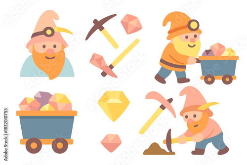 Happy gnomes mining colorful gems in a cheerful cartoon scene with tools and treasures