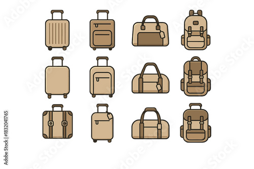 Different types of travel bags and suitcases arranged in a grid showing various designs and styles for travel needs