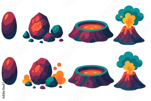 Educational illustration showing different volcanic formations and rocks in a natural setting relevant to geology studies