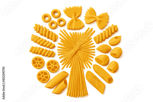 Colorful assortment of uncooked pasta arranged in a circle on a white background showcasing various shapes and sizes