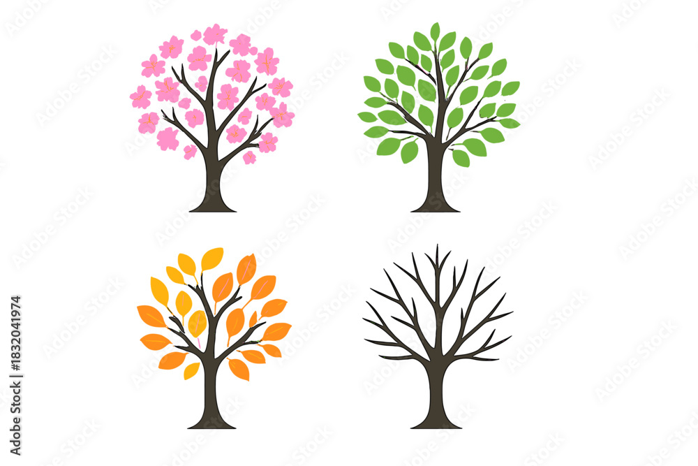 Obraz premium Various tree illustrations representing seasonal changes in color and foliage throughout the year in a simple, artistic style