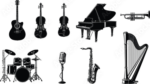 Collection of black musical instruments and microphone silhouettes on white background