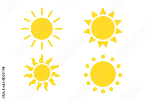 Various simple sun illustrations showcasing different designs and styles in bright yellow color