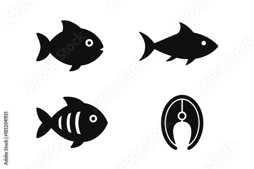 Different types of fish silhouettes with a fish hook design showcasing ocean life and fishing activities