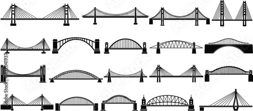Collection of Black Silhouette Bridge Designs Including Suspension Arch and Cable- Stayed Structures