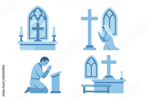 Worship scenes depicting prayer and contemplation in a serene church setting with stained glass windows