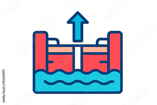 Illustration of a water lock system showing gates opening to allow boats to pass during a calm day